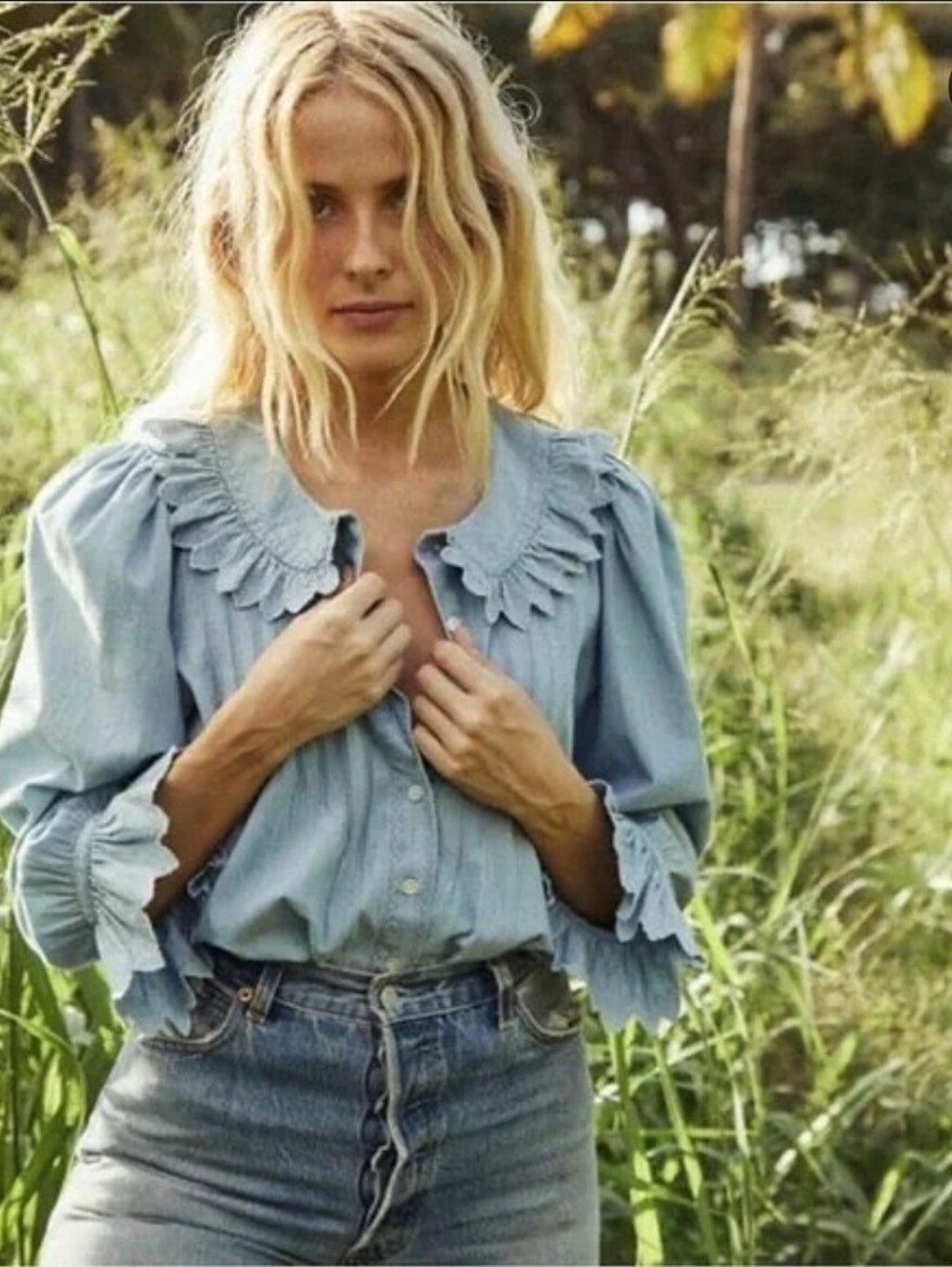 Doen Hickory blouse, large blue denim western cotton